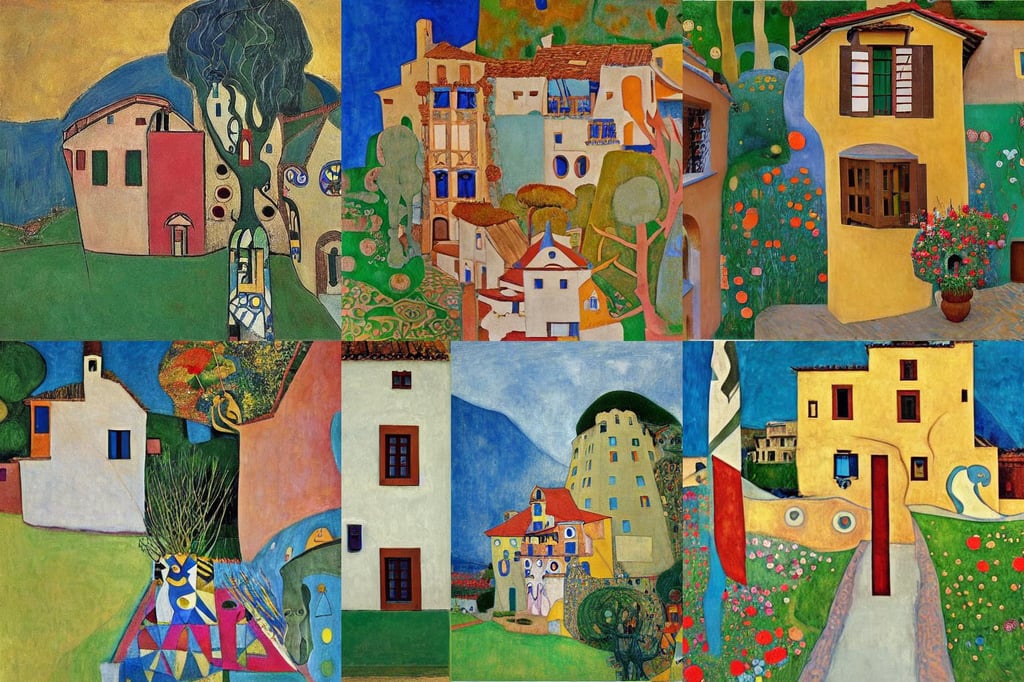 Casita the casa madrigal from the disney movie Encanto, art by Pablo Picasso, art by Gustav Klimt, art by Tiziano Vecellio Di Gregorio, art by Giotto Di Bondone, art by Wassily Kandinsky, art by Marcel Duchamp, in the Style of Hayou Miyazaki, Fantasy Flying ship overhead, art by Vincent Van Gogh, art by Jenny Saville, art by Jackson Pollock, realistic, smooth reflective metal, sharp, art by Andy Warhol, cinematic lighting, gustav dore, art by Raffaello Sanzio