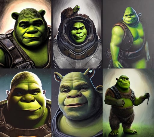 portrait painting of shrek, a bear, wearing Forerunner armor from Halo portrait by Magali Villeneuve and Steve Argyle, fibbonacci, dungeons and dragons character, disrupted mental state, black and transparent cloth