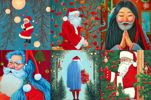 santa clause, a detailed painting by rei kamoi, emitting light ornaments, leaves, wes anderson girl, long blue hair