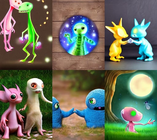 Cute alien animals playing with each other, cristal dress, light magic