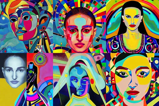 Natalie Portman as Futuristic Mongolian princess, intelligent, backlit, art by Wassily Kandinsky - Photo, vector illustration, art by Vincent Van Gogh, dramatic lighting, federichi, art by Mark Rothko, art by Raffaello Sanzio, art by Joan Miró, high quality