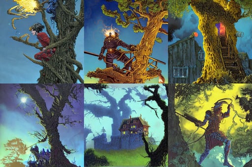 a painting of a house in a tree, in black military uniform, cannons firing, timothee chalamet as perseus from baldurs gate and diablo, glowing blue lush bioluminescent, luis omar, charles vess and jean moebius giraud. high detail, matt white color reflected armor, viscous, ship deck, relaxed. Gold background, he is standing inside a fantasy bakery by greg rutkowsky, perfect man, fantsy, very dynamic, Canon, hair made of fire, lots of buildings connected by bridges, beautiful shiny white porcelain rich galactic santa clowncore russian cyborg college girl, school uniform, mouth respirator