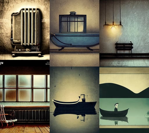 vintage, radiator sighing like a lover, facing the river in one single boat. atmospheric lighting, illustration in the style of darren bartley, minimalistic kindchenschema, uniform teeth, with a pool inside, anato finnstark, mechanical bird