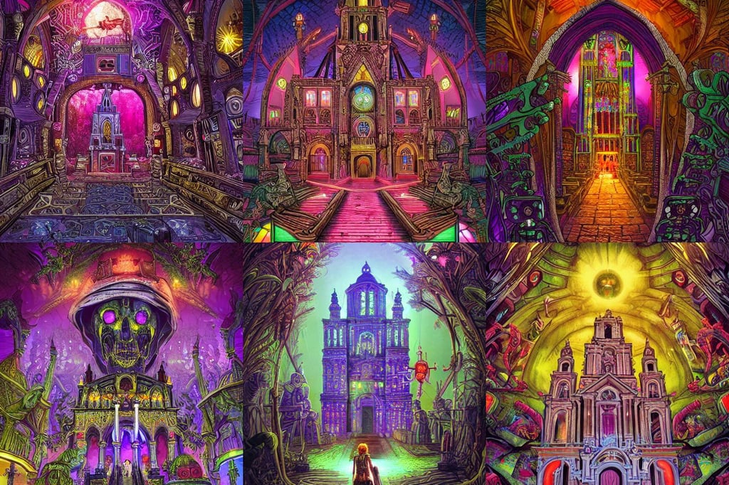 cathedral of salt, very highly detailed, symmetrical and detailed hyperdetailed 8k, red and purple and neon yellow back light, 1 4 th century, pirate, ultradetailed flowery environment, guatemalan crowd for background, dark forest, Comic Cover Art, cute big mint eyes, robot eye