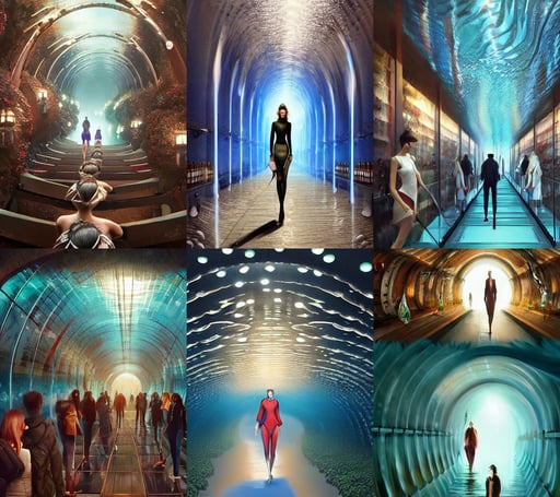 A fashion Catwalk in an underwater glass tunnel, you are greeted by the warm and inviting atmosphere. The walls are lined with bottles of wine, 4 k digital art from artstation by artgerm and greg rutkowski and wlop