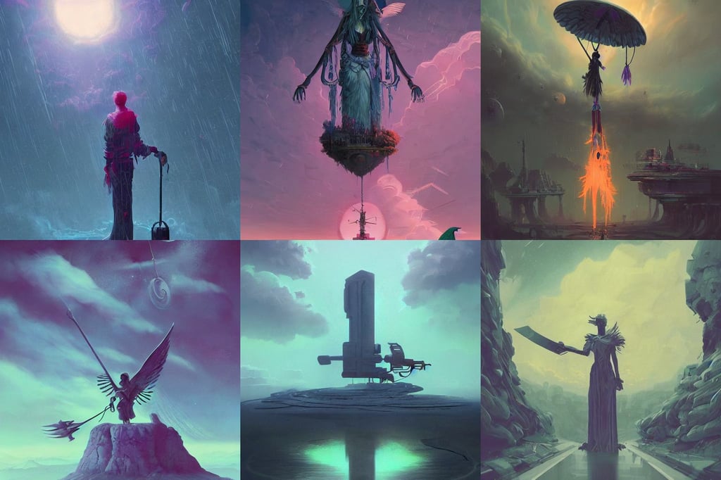 breathtaking detailed concept art painting of the goddess of bird, boris valejo, rectilinear vaporwave, trending on Artstation deviantart, simon stalenhag and darek zabrocki, grim reaper silhouette with scythe, high detailed space station interior, bizarre compositions, little clothing, rainy storm