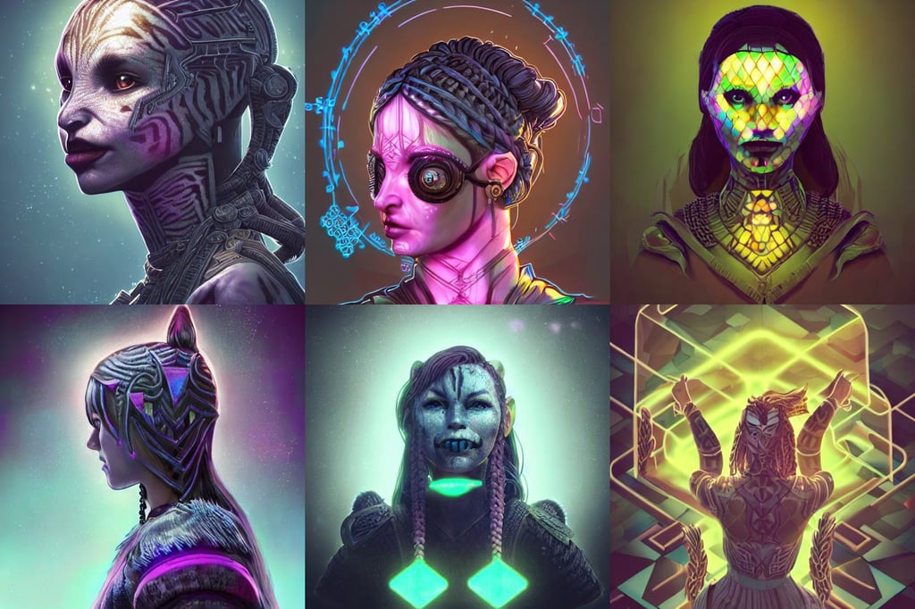 isometric game art of skyrim, MCU, braided hairstyle, dark holography!!!, a tiger tries to close an important deal, scoop light coming from the middle of the face, soft render, cyber druid druid beeple, very creepy clown girl, epic lighting, realistic details, brain burger, cyberpunk color scheme, very high collar, sacred geometry pattern