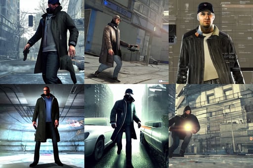 a russian spaceship stuck in the ground, DJ The Prophet as Aiden Pearce character  from Watch Dogs game