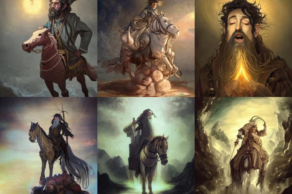 baroque oil painting character showcase lotr concept art anime key visual portrait, light beard, obviously feminine holy body!! light effect. hyper detailed, style of Dali, mid - shot, shells, blocked drains, necklace made by wires, chess horse, body, dim painterly volumetric aquatic sunset lighting, Ryoji Ikeda, the strong male rider is carrying the scales of justice, detailed intricate ornate cables connected to head, pretty girl eating pizza, detective pikachu, epic artwork, disciples II art, light by julie bell, wrecked technology