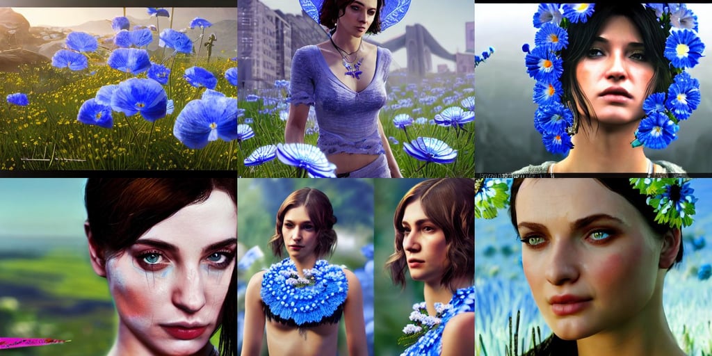 breathtaking detailed concept art painting portrait of the goddess of nemophila flowers, hyperrealistic photography, gta 5 cover art, unreal engine. 8 k, elysian fields