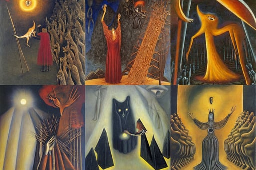 Howling the sacrifice into place, by Remedios Varo, oil on canvas