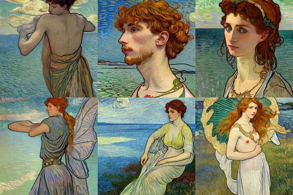 A male leaf fairy, raphaelites, and intricate clouds on the Aegean shore. Drawn in the style of Alphonse Mucha, cinematography, ultrawide cliff scene, art by Vincent Van Gogh, illustrative, gold necklace--iw 1.1, art by Edward Hopper, octane render, art by Henri Matisse, art by Sir Peter Paul Rubens, halo of light in the head, art by Magdalena Carmen Frida Kahlo Claderón, art by Michelangelo Buonarroti, art by Michelangelo Merisi Da Caravaggio, by beksinski, house crest, art by Domenikos Theotokopoulos