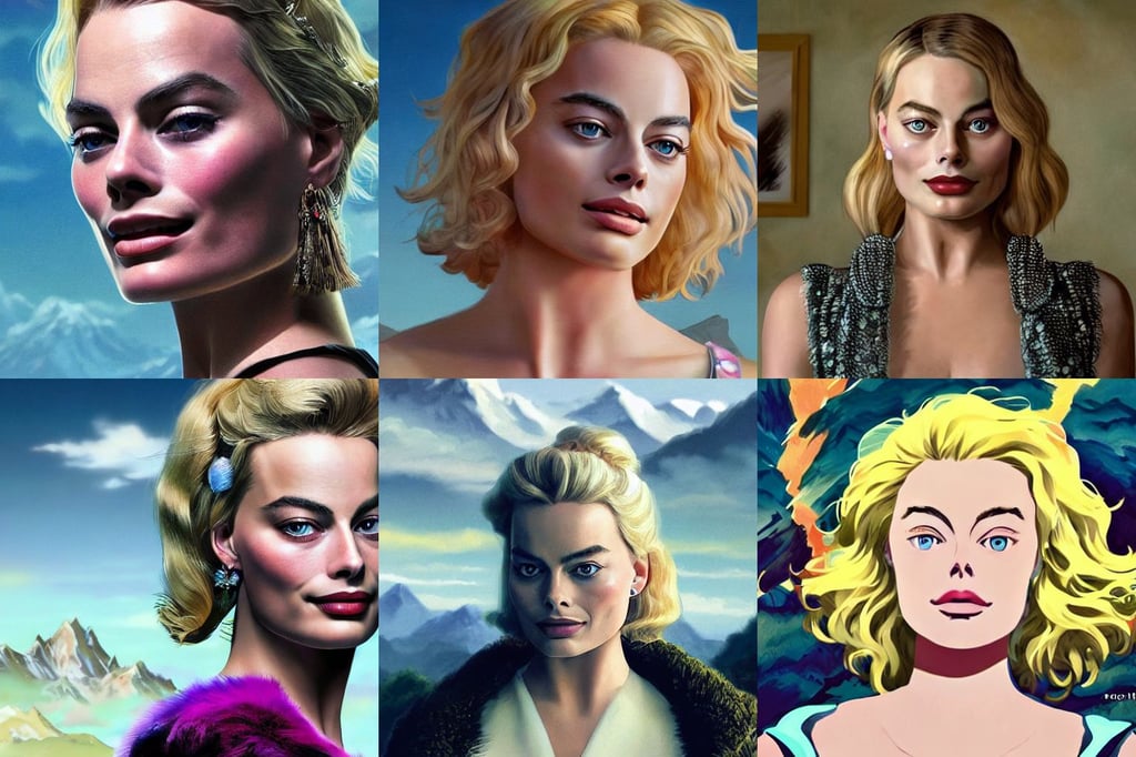 portrait of Margot Robbie as a detective, beautiful fantasy anime, there are mountains. by bob ross, neurochip, feather boa