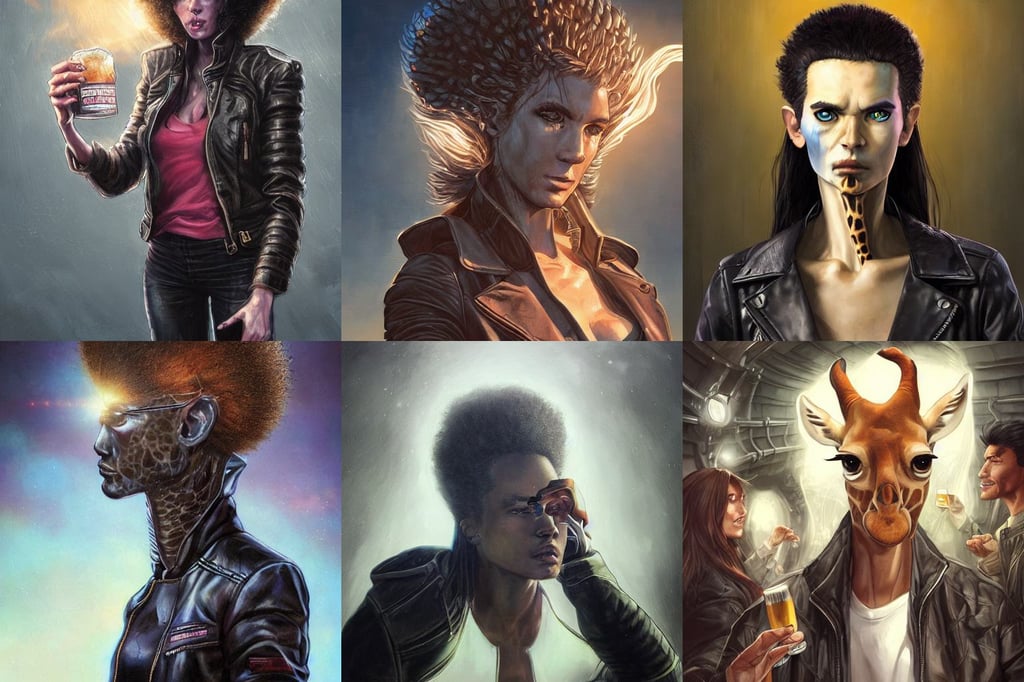 a portrait painting of a shy, dawn, wearing leather jacket, art by artgerm and greg rutkowski and magali villeneuve and terada katsuya, drinking a beer at train station, giant afro!, illumination lighting, dark light night, daytoner, hyperdetailed perfect face, flowing water and airflow, giraffe head and small giraffe tail, 2d game art, floating candles, very fine detail, full close-up portrait, Wearing green tophat, adam j. middleton concept art