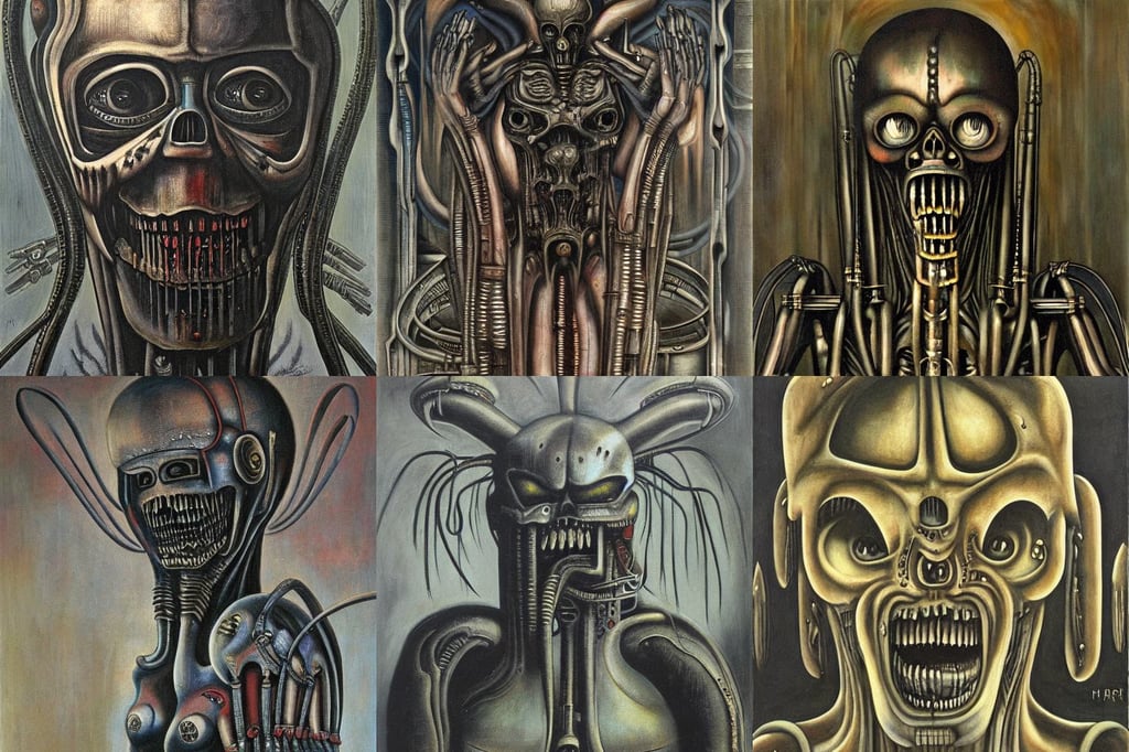 Industrial demon by H. R. Giger, oil on canvas