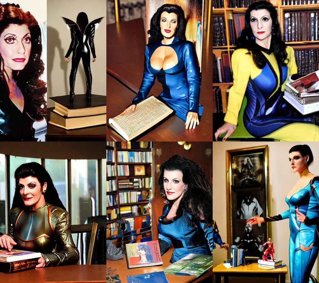 counselor deanna troi, with one vintage book on a table, thierry mugler, rainy, nekro borja, spacesuit, dread, James Jean