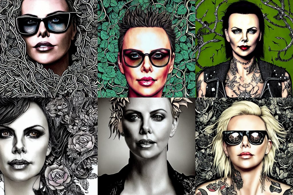 portrait of charlize theron as a punk rock girl. intricate tattoos. intricate artwork. by tooth wu, sunglasses implants, extremely detailed brush, clad in vines, light freckles, french comic style, dark intrimate mood, gas lighting, cinematic pose, serene scene, long black hair in a room full of beautiful plants, law contrasts