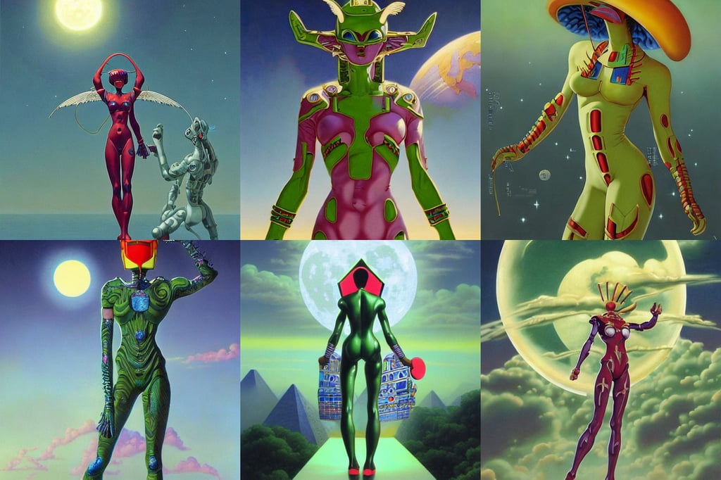 invicible, evangelion plugsuit, asian rice hat, highly detailed surrealist art, highly detailed egyptian patterns, concept art by boris vallejo and michael whelan, the moon behind her, art by wlop and Edmund Bliar Leighton and Charlie Bowater, almost like in the sky or all in the amazing outdoors view, pastel green, mid - range, waist up, hair looks like a helmet, detailed, sunbeams. vibrant colors