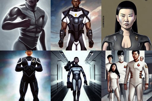 dark skinned chinese in starfleet uniform, white wall background, reaistic, by tonysantos, muscular! white, exaggerated proportions, very detailed stunning deep eyes. By ilya kuvshinov, big muscles, gears, persian parsi man, by emil melmoth, cool african lady wearing cyberpunk intricate warcore, depth, 8 k resolution - c 5