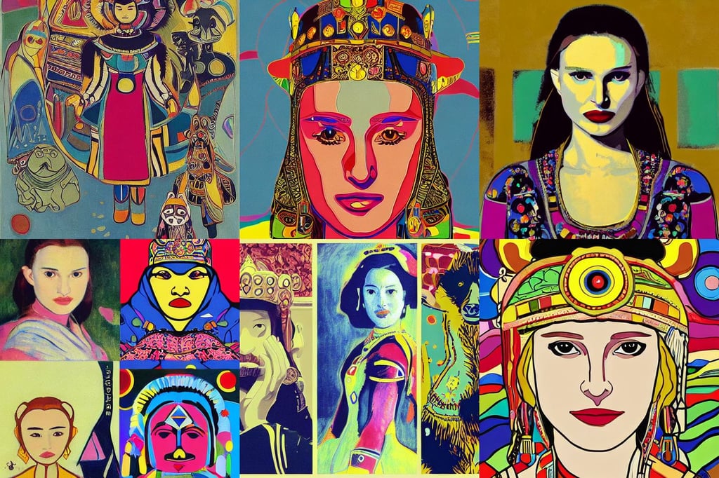 Natalie Portman as Mongolian princess, outerspace, art by Edvard Munch, art by Paul Gauguin, vector illustration, with Muppets, style of Maxfiel..., art by Andy Warhol, art by Wassily Kandinsky - Photo, A Bear Called Paddington, art by Piet Mondrian, art by Nicolas Poussin, intricate details, 8K, art by Raffaello Sanzio, movie poster art, art by Mark Rothko, art by Raffaello Sanzio, Super-Resolution, art by Eugène Delacroix, art by Michelangelo Merisi Da Caravaggio