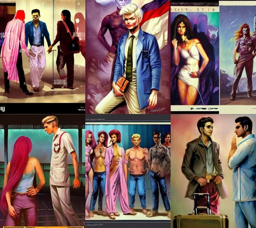 Anxious good looking pale young Indian doctors wearing American clothes chatting at the airport, inspired art by Frazetta + facial symmetry + dramatic volumetric lighting, poster art by Anne Stokes, alphonse murac, long curled pink dyed hair, sci - fi character, the modern reincarnation of the old selenium greek god of hunt, cinematic shot