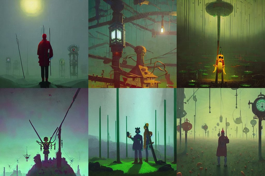 high depth, holding a quarterstaff with an emerald, green fields in the background, beautiful volumetric lighting, cinematic closeup!!, looking upwards in a room of old ticking clocks, bold shapes, painted by Simon Stalenhag, in the style of James Lee, in the style of jamie hewlett, Omnious intricate, heavy mist