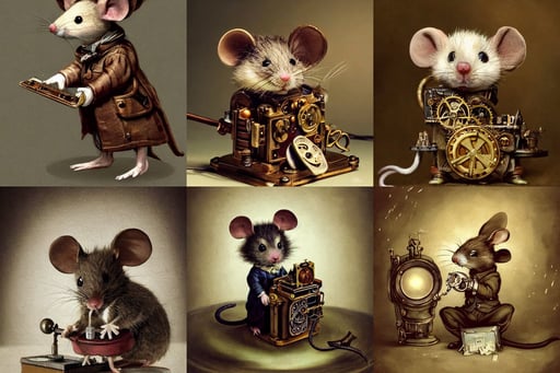 Tiny cute and adorable mouse in steampunk costume, huddling over a piece of ancient technology, art by Diego Velázquez, dark, art by Caspar David Friedrich, cinematic lighting, art by Sir Peter Paul Rubens, intelligent, concept art, art by Jenny Saville, raphaelites, detailed mechanical features, real..., photshoot, art by Marcel Duchamp