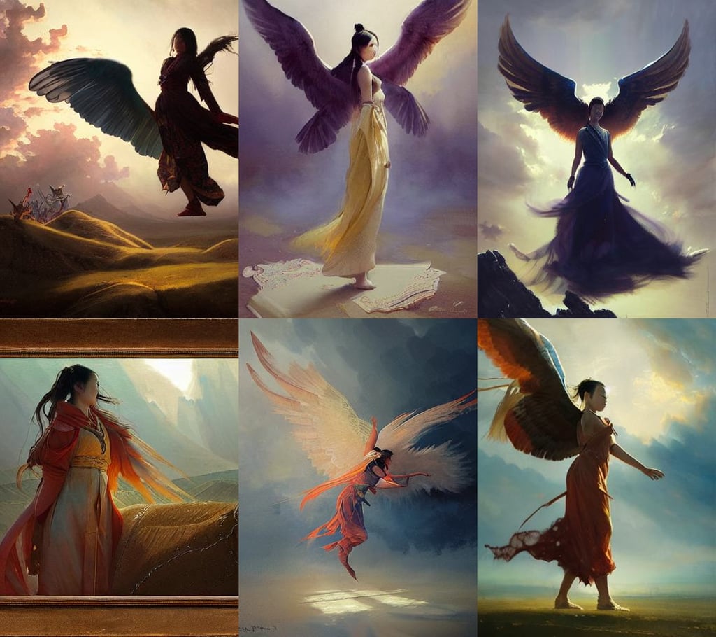 portrait of a mongolian princess spreading its wings by greg rutkowski, heavenly atmosphere, outworldly dimmed colours, painted by greg rutkowski