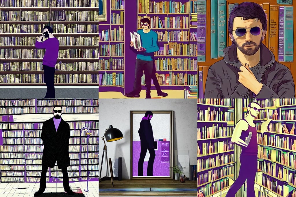 standing on the edge of the world, Oleksiy Rysyuk, profile posing, book library studying, gtav poster, cartoon shades of purple