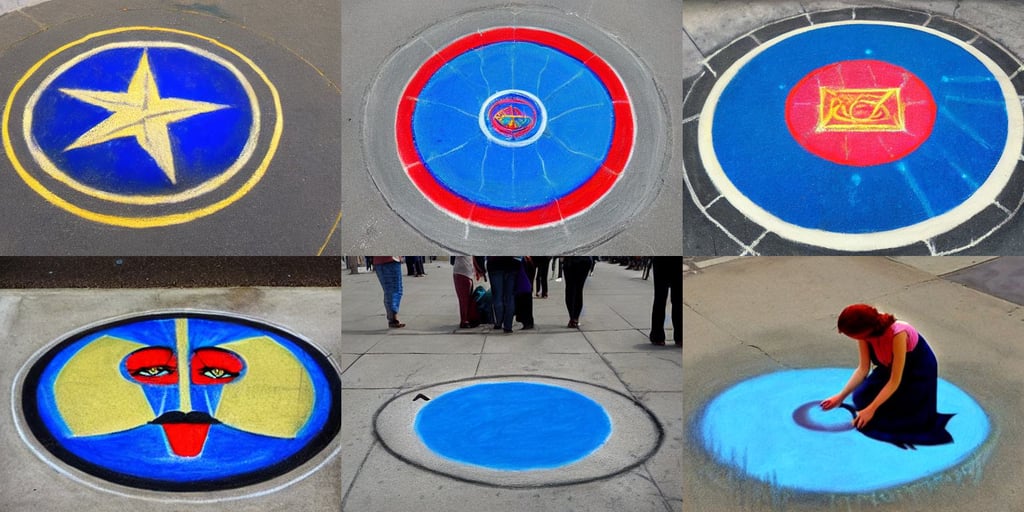 The High Priestess, a stylized emblem on a blue circle, by Dan Witz, chalk on sidewalk