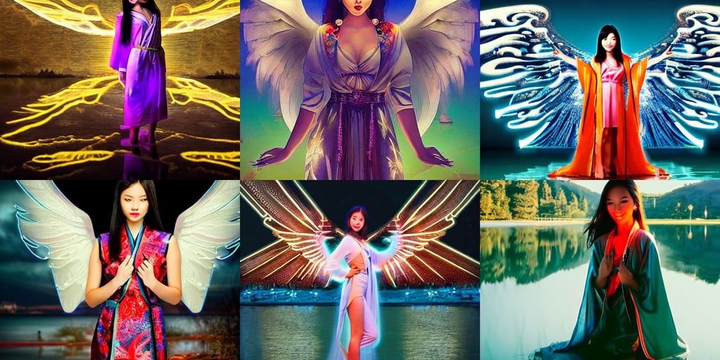 beautiful young asian woman as a beautiful cyborg - angel girl standing on a lake, a lot of displays, brocade robes, Small houses, neon glowing spells