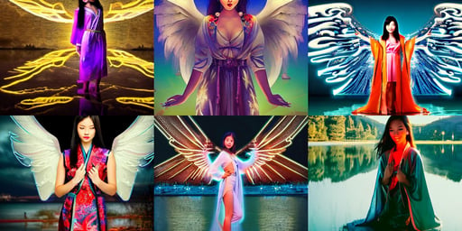 beautiful young asian woman as a beautiful cyborg - angel girl standing on a lake, a lot of displays, brocade robes, Small houses, neon glowing spells