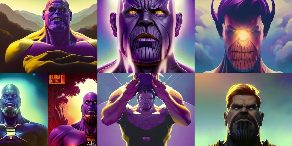 thanos, art by ilya kuvshinov and lois van baarle and sam yang and ross tran and wlop and artgerm, vegetation, mountain scenery double exposure, detailed luminescent matte painting by alan lee and artgerm, black, cloud, detailed painting by mark arian, fanart, ultra wide lens shot, baby figure, small, portrait of alicia vikander