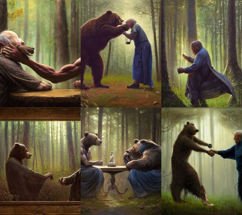 an old man in the woods arm wrestling a bear, high coherence, mechanical bugs in a display case, Impressionism, posing for a fight, 4K in the style of Greg rutkowski, black pixie undercut hairstyle, cyberpunk 8 k, boho poncho and long maxi dress, art by tomasz alen kopera, with old wrinkly skin and a scruffy beard, real life, vouge, kelogsloops and greg rutkowski rembrandt style