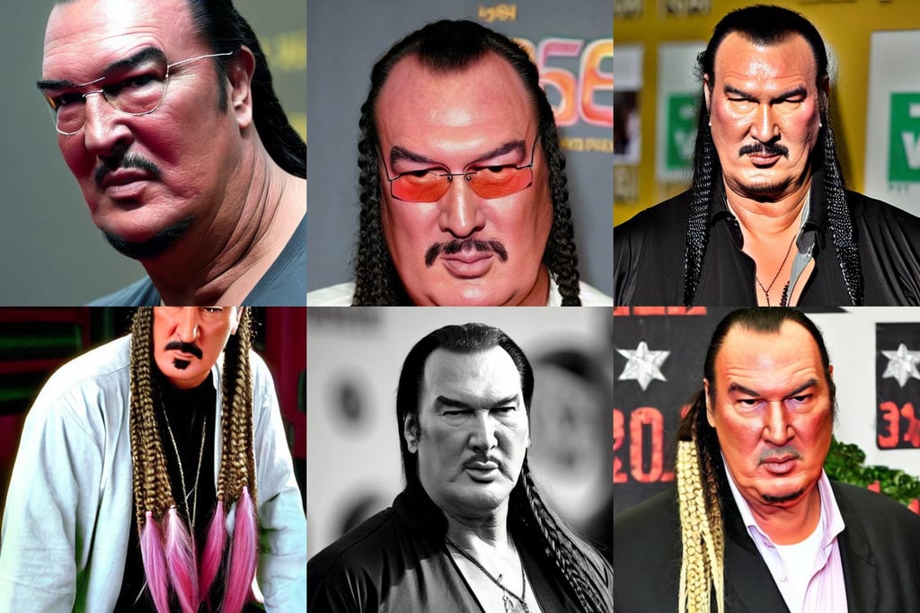 steven seagal with green eyes and long pink hair in braids