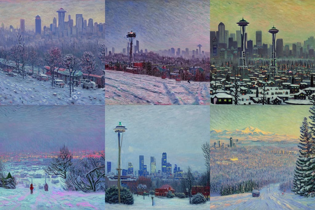 Seattle in winter by Simon Stålenhag and Claude Monet, oil on canvas