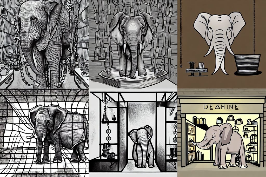 cell shaded cartoon of an stunned elephant in a porcelain shop, enveloped in sharp chains. beautiful shadowing, transparent jewelry accessories, nft art, black leather accents, metaverse on fire