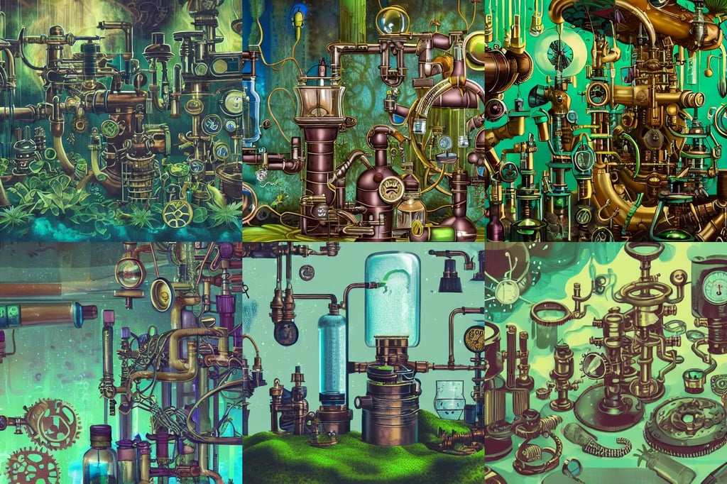 close up view on steampunk lab with big vapor tubes and alchemy equipment, lake in the forest, sadistic smile, by hsiao - ron cheng and beto val and john james audubon, densely packed buds of weed, turquoise hair, pixiv, oil slick nebula, close-up moss growing tropical kate moss like a mossy garden, rap bling, trending on cgstation