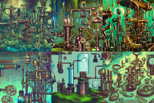 close up view on steampunk lab with big vapor tubes and alchemy equipment, lake in the forest, sadistic smile, by hsiao - ron cheng and beto val and john james audubon, densely packed buds of weed, turquoise hair, pixiv, oil slick nebula, close-up moss growing tropical kate moss like a mossy garden, rap bling, trending on cgstation