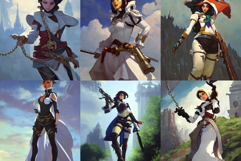 Greg Manchess portrait painting of Marie D'Arcanto alias Rogue as Overwatch character, chains hanging from ceiling, on an isolated plateau island in a river elevated high above the city fortress tower, ornate white officers outfit, mystical, visually pleasing, astronomy, greg rutkowski makoto shinkai takashi takeuchi studio ghibli, eye focus, bright colors!