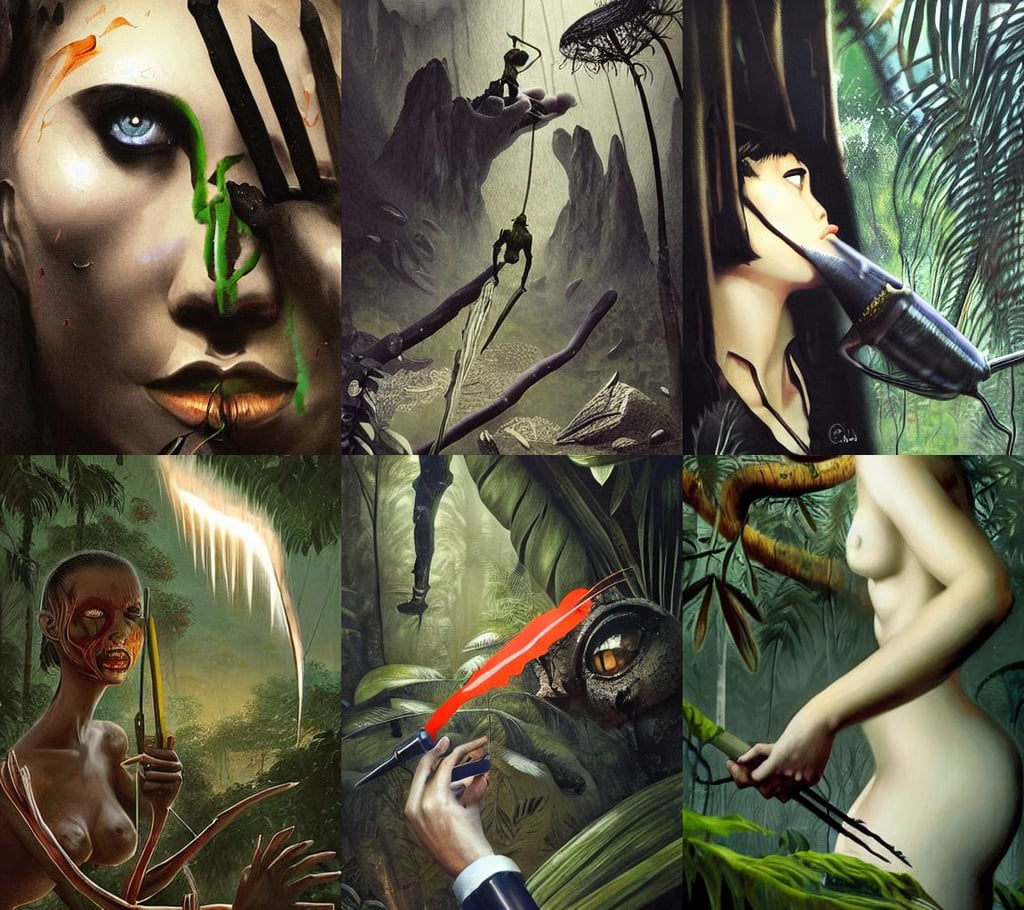 Café in the Rainforest, silver sword, detailed lashes, bomb falling towards the mountain, photo taken by a Iphone, insectile forearms folded, art by greg rutkowski and ilya kuvshinov and salvador dali, nendorid, kintsugi!!, super detailed face, spooky creepypasta, dark surrealist, giant paintbrush in hand