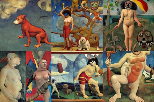 a anthropomorphic dog as thundercat, Tom Bagshaw, art by Joan Miró, Full body image, art by Jackson Pollock, art by Piero Della Francesca, art by Edward Hopper, by Wētā FX, art by Paul Gauguin, art by Andrea Mantegna, art by Jan Van Eyck, art by Leonardo Da Vinci, art by Kazimir Malevich, art by Paolo Uccello, art by Winslow Homer, full figure drawing, medieval heraldry