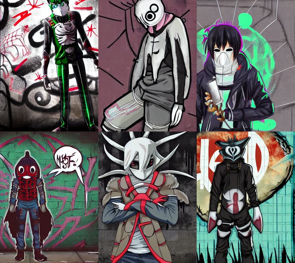 anime guy wearing anbu mask with spider legs growing on his back, magic vibe, art by Ross tran, thistle themed armour, grunge aesthetic!!! ( ( dystopian graffiti tag wall in background ) ), scp, reflective surfaces