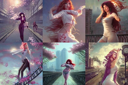 explosions in the form of realistic white cotton plants on harbour bridge, cherry blossom falling, zombies with hairstyles from the 8 0's, evelynn league of legends, hajime sorayama full color digital painting, warm and welcoming, cinematic color scheme, unreal engine. art by artgerm and greg rutkowski and alphonse mucha w 7 6 8, josan gonzales