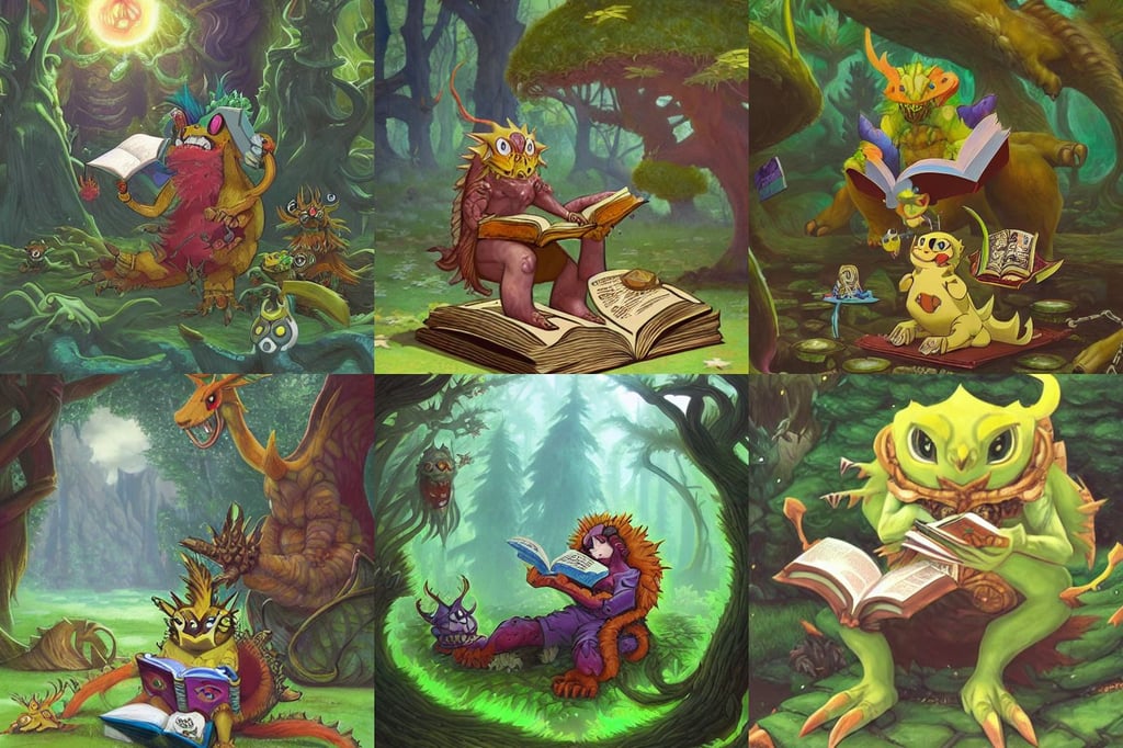 a xanathar dnd creature in the style of digimon, forest landscape reading a book, highly-detailed, jean leon gerome