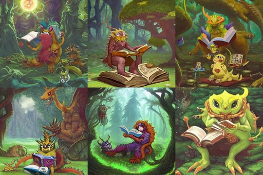 a xanathar dnd creature in the style of digimon, forest landscape reading a book, highly-detailed, jean leon gerome