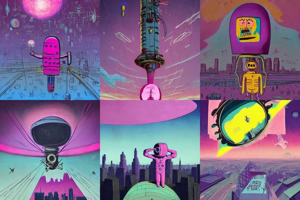 pink ufo，in the style of Peter Mohrbacher, art by Jean-michel Basquiat, hive, fullbody, opalesence, bleu, happy, Animation ..., skyscrapers in the distance, art by William Blake, portrait of a an astronaut, full hd render +4k UHD + immense detail + dramatic ligthning + black and purple, sweet, Octane render, micro details, American Craftsman Architecture, art by Domenikos Theotokopoulos