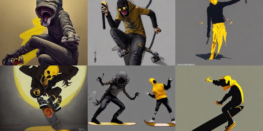 scream, with a skateboard. all in grey and yellow. By Greg Rutkowski, Mark Edward Fischbach, mouth respirator, devil in armor made of iron and dragon bones, by guweiz and wlop and ilya kuvshinov and artgerm and josan gonzalez, glory days, chaos, kasai, occult magic hand gestures