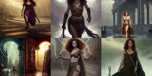 susan sarandon as dejah thoris, decorative art deco border, hermione granger from the chamber of secrets, ominous nighttime storm, wet pavement, endless hallways and bookshelves, well maintained, lightning storm. By Greg Rutkowski