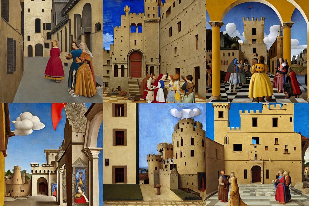 A Street View of a medieval castle, pixar style, biomorphic, art by Giotto Di Bondone, art by Tiziano Vecellio Di Gregorio, commission for, Atelier Firis, art by Johannes Vermeer, art by Artemisia Gentileschi, art by Magdalena Carmen Frida Kahlo Claderón, art by Paolo Uccello, raphaelites, peaceful and softly landscape who has Namek’s villages with a female character flying trough the sky, peaceful and softly landscape who has Namek’s villages with a female character flying trough the sky, pastell yellow tones, ethereal lights fade from every room, art by Andy Warhol